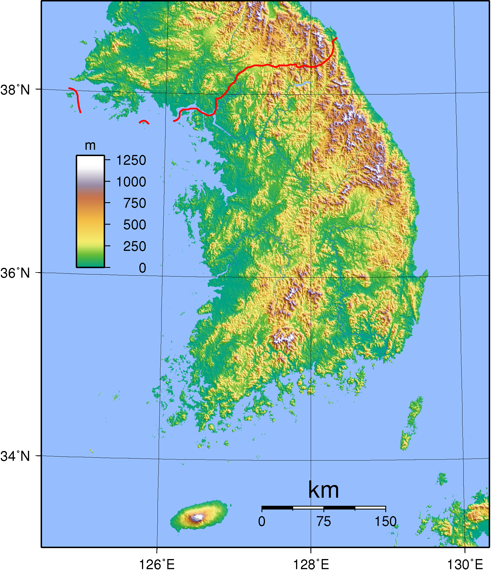 Peta topografi Korea Selatan.