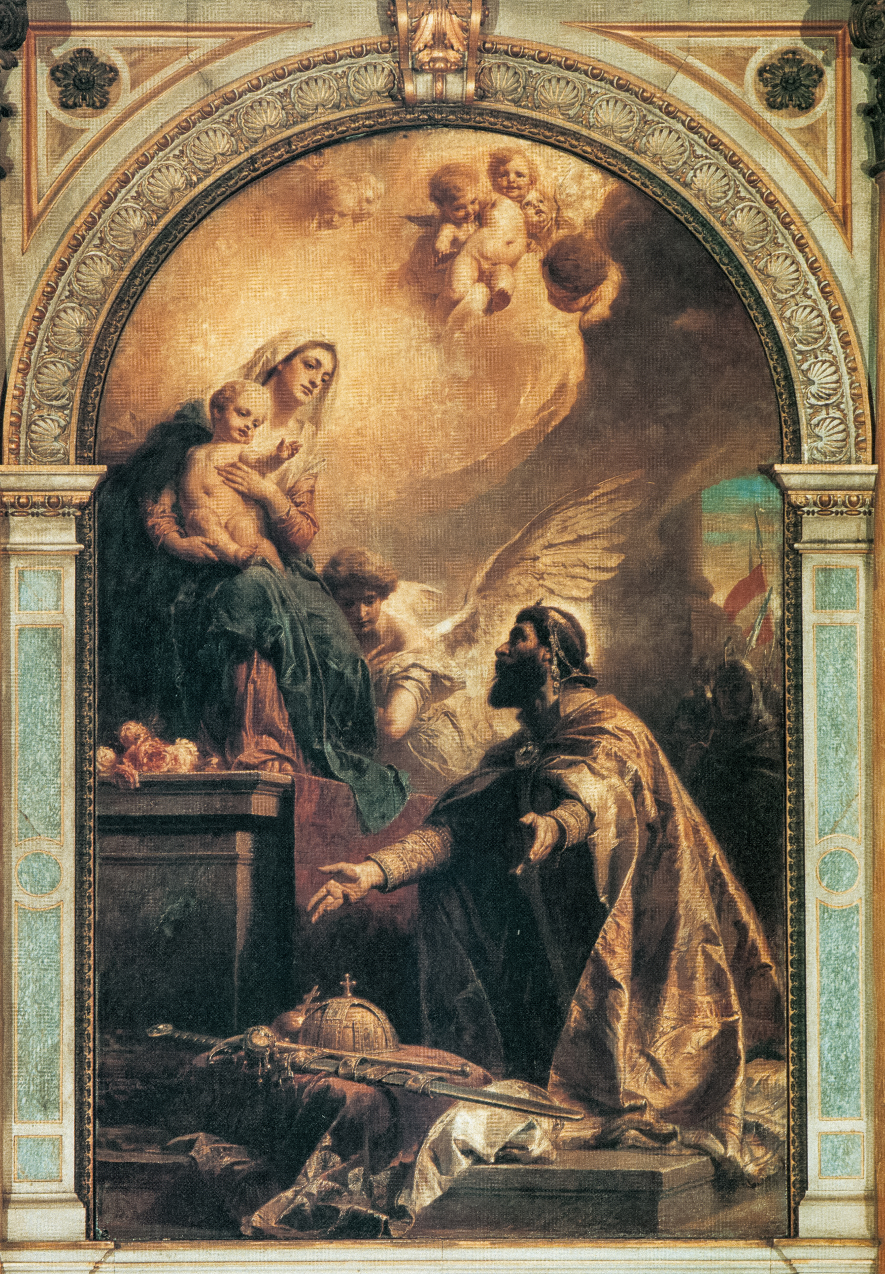 Raja Santo István mempersembahkan mahkota Hungaria kepada Perawan Maria - lukisan oleh Gyula Benczúr, di Basilika Santo István, Budapest 