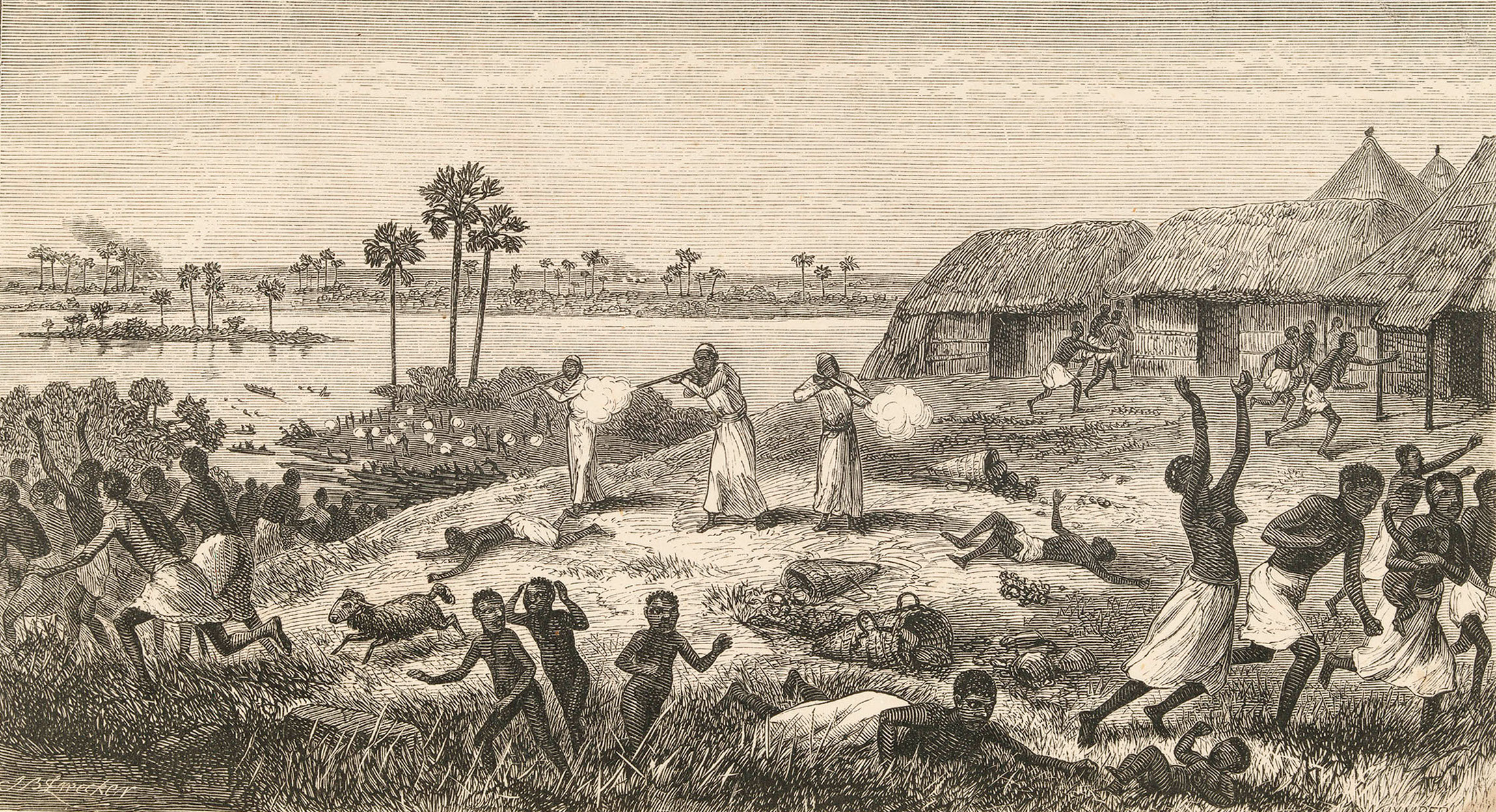 Penggerebekan budak Arab di Nyangwe, sekitar tahun 1870. Kekejaman semacam ini sangat mempengaruhi wilayah timur Kongo sebelum dan selama periode awal kolonialisme.