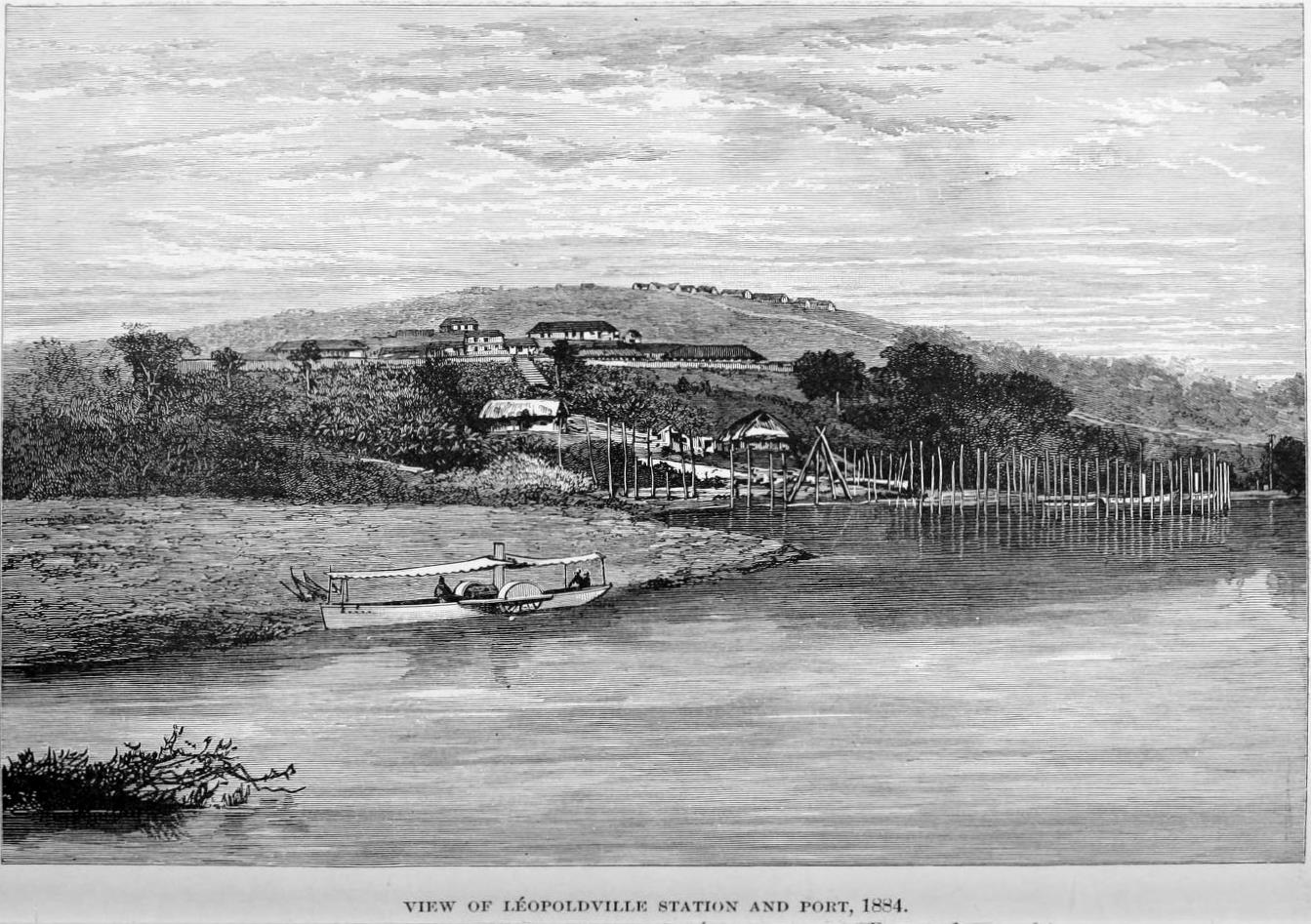 Pemandangan Stasiun dan Pelabuhan Léopoldville (sekarang Kinshasa) pada tahun 1884. Kota ini menjadi pusat administrasi dan eksploitasi.