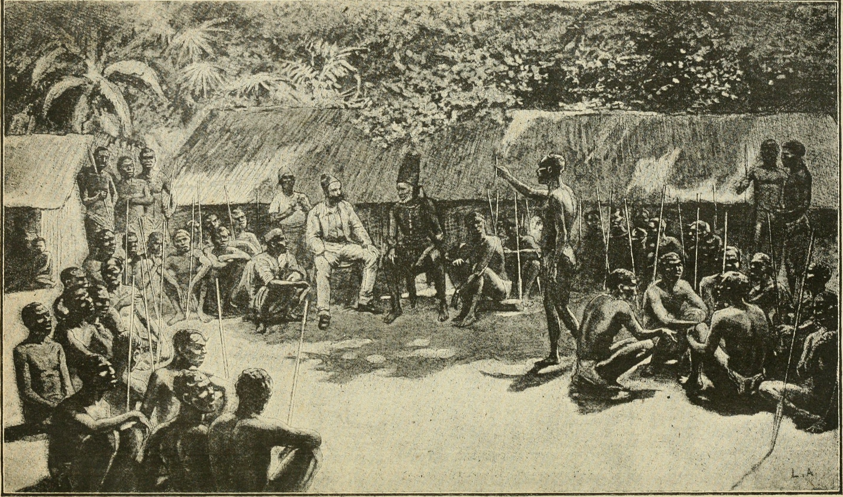 Pejabat Negara Bebas Kongo, Camille Coquilhat, bersama kepala suku Bangala, Mata-Buiké, sekitar tahun 1888. Hubungan dengan pemimpin lokal seringkali digunakan untuk memfasilitasi eksploitasi.