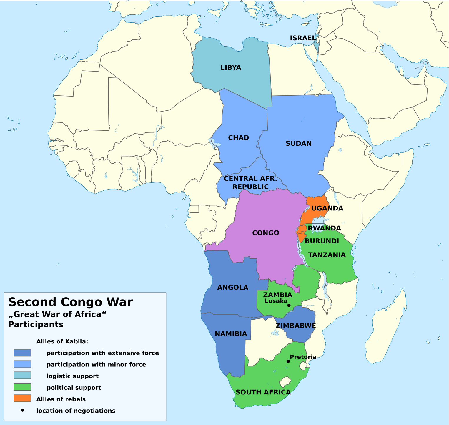 Pihak-pihak yang terlibat dalam Perang Kongo Kedua. Perang ini melibatkan banyak negara Afrika dan menyebabkan jutaan kematian, menjadikannya salah satu konflik paling mematikan sejak Perang Dunia II.