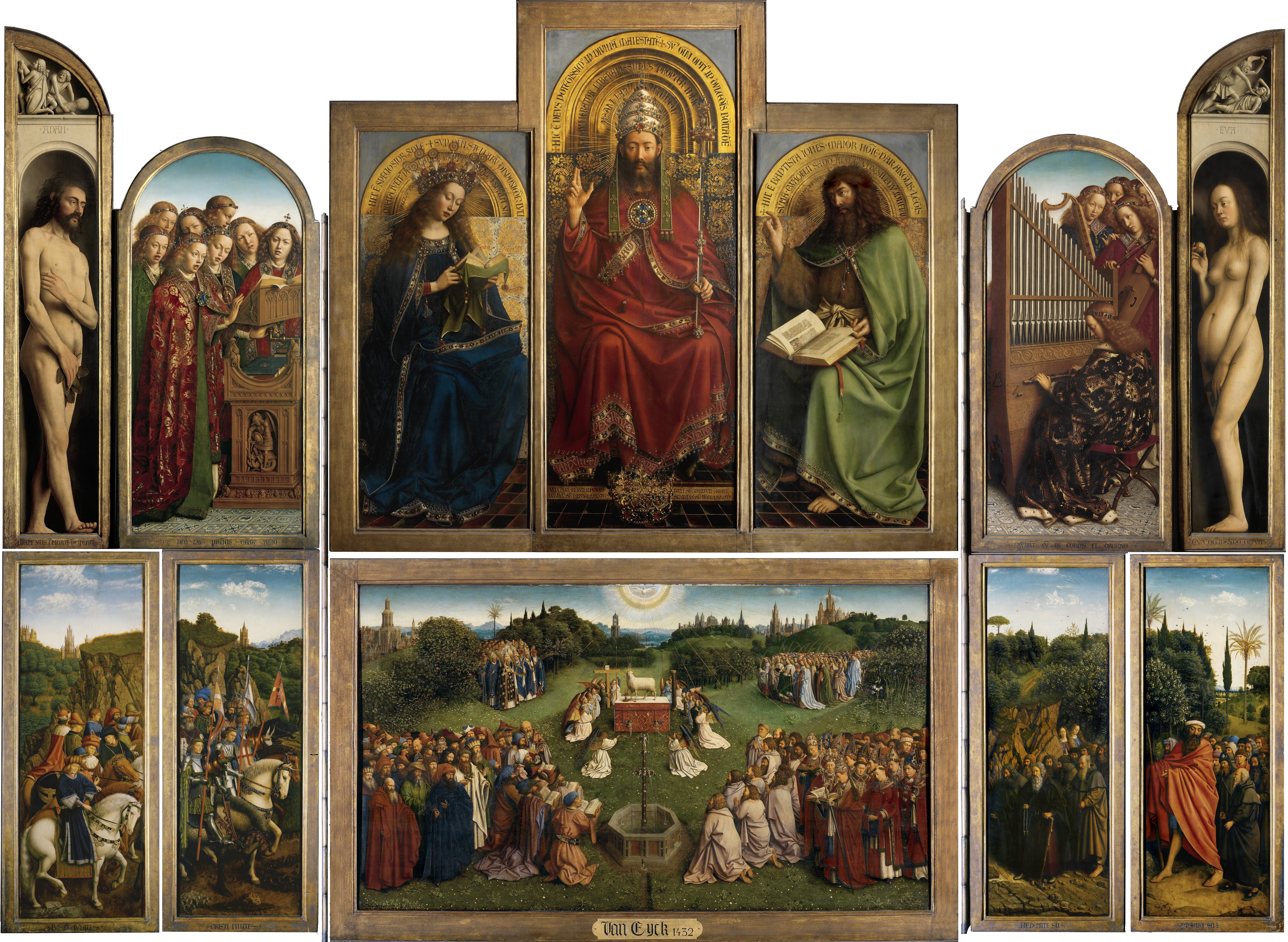 The Ghent Altarpiece: The Adoration of the Mystic Lamb (pemandangan interior), dilukis tahun 1432 oleh Jan van Eyck.