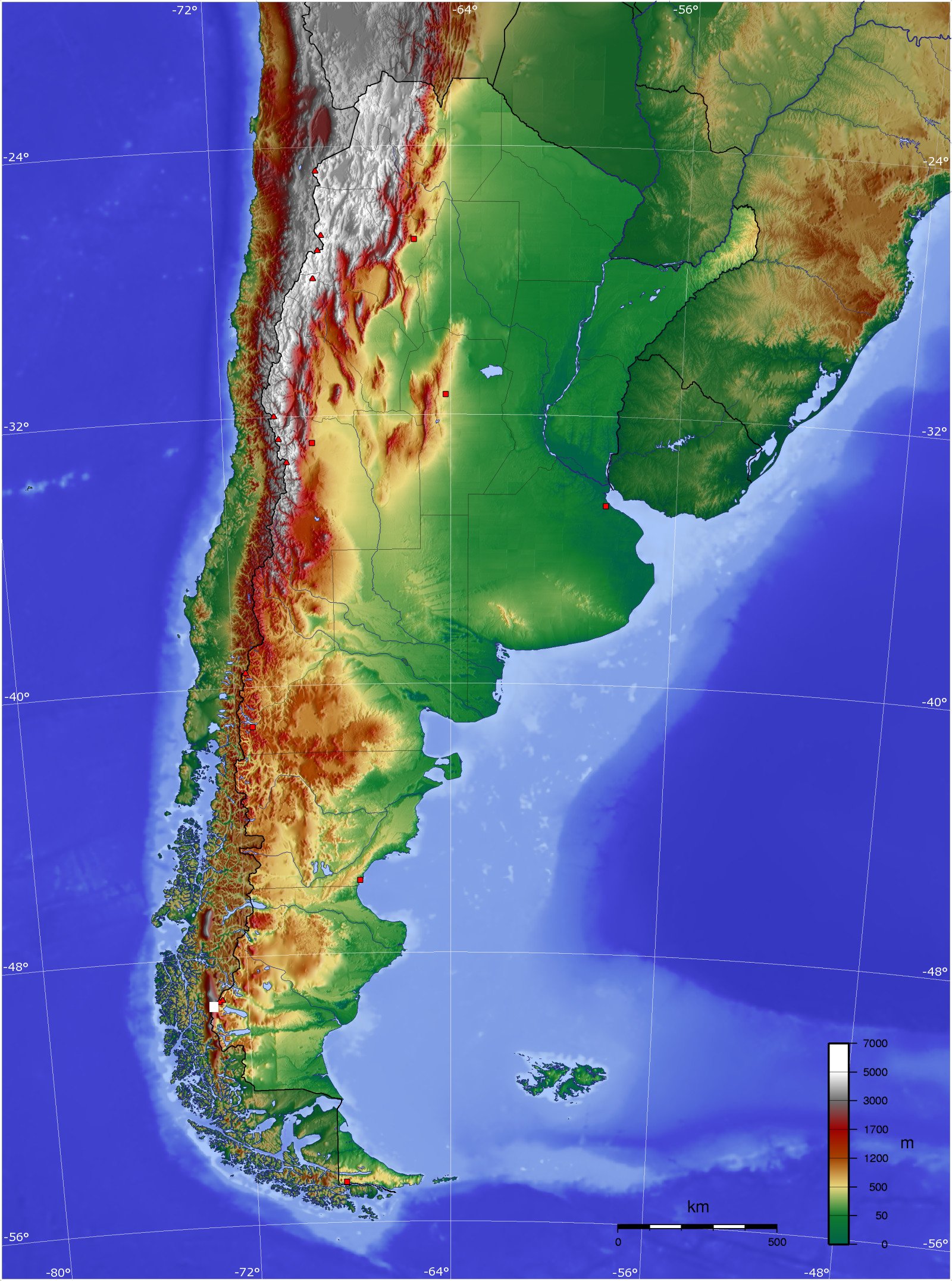 Peta topografi Argentina.