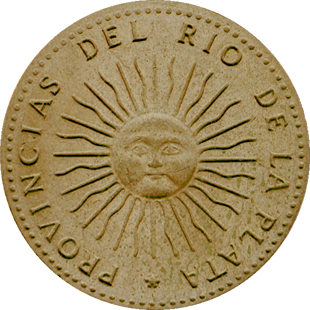 Matahari Mei pada syiling Argentina pertama, 1813.