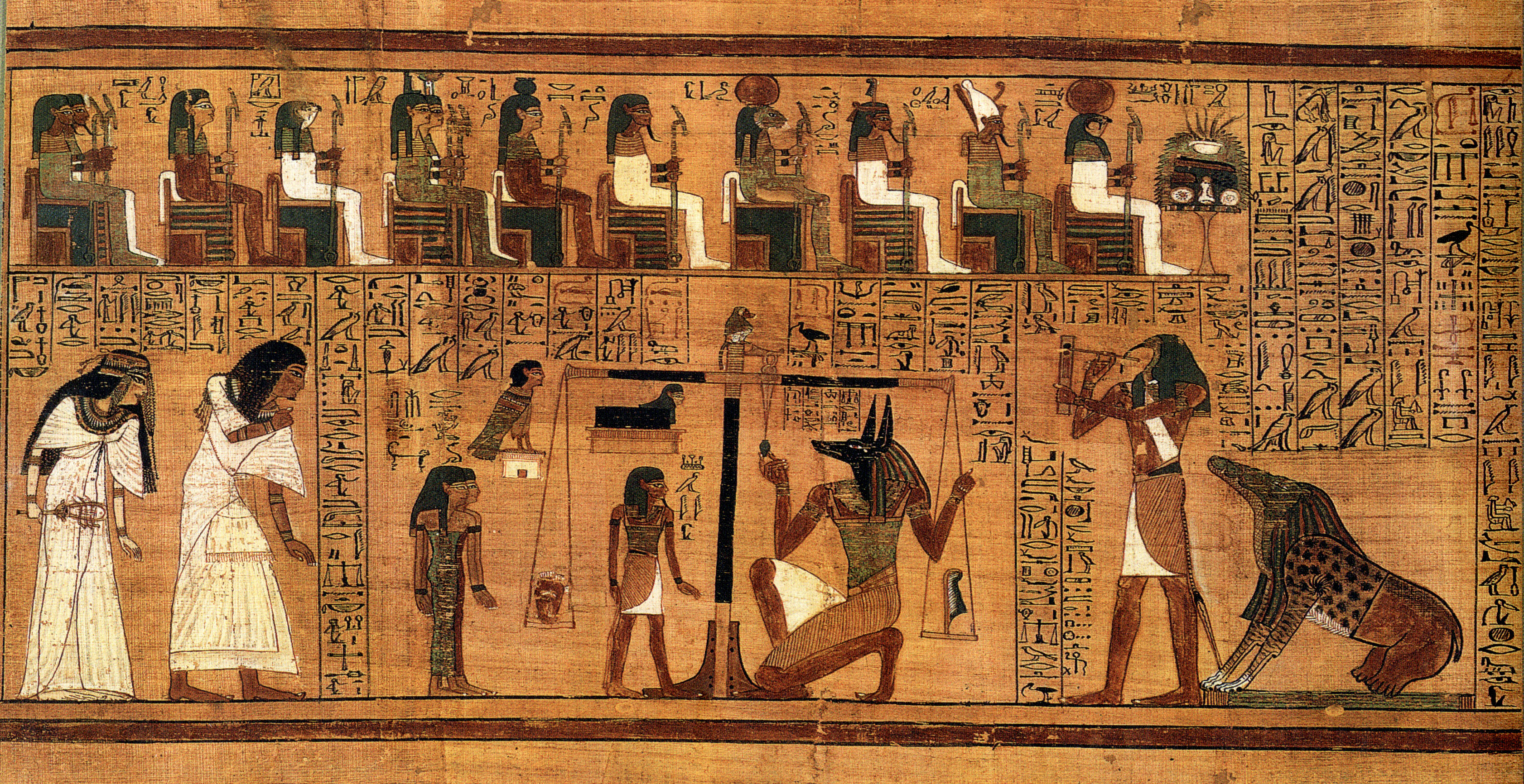 The Weighing of the Heart ceremony from the Book of the Dead of Ani, illustrating complex ancient Egyptian beliefs about the afterlife and moral judgment, central to their societal structure.
