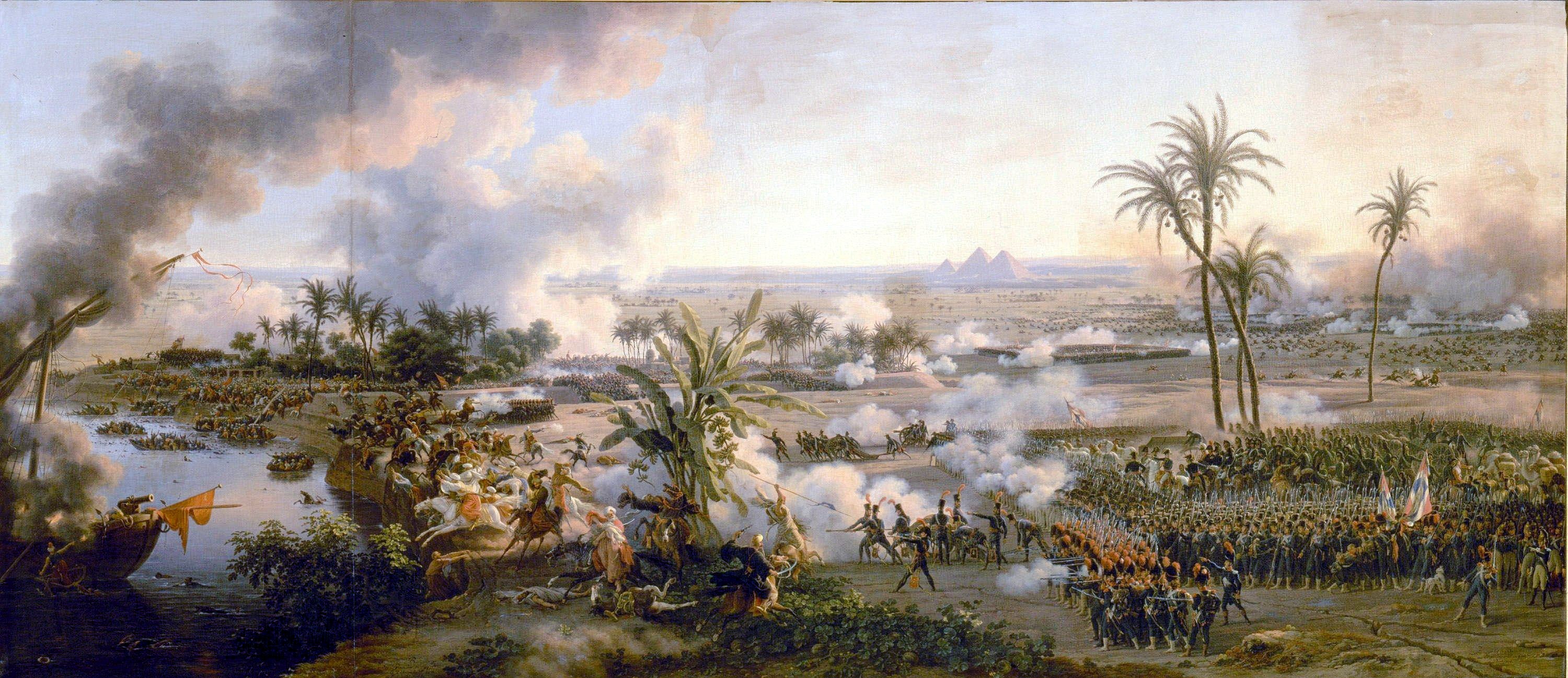 Napoleon defeated the Mamluk troops in the Battle of the Pyramids, 21 July 1798, painted by Lejeune. This event marked a turning point, exposing Ottoman Egypt to European power.