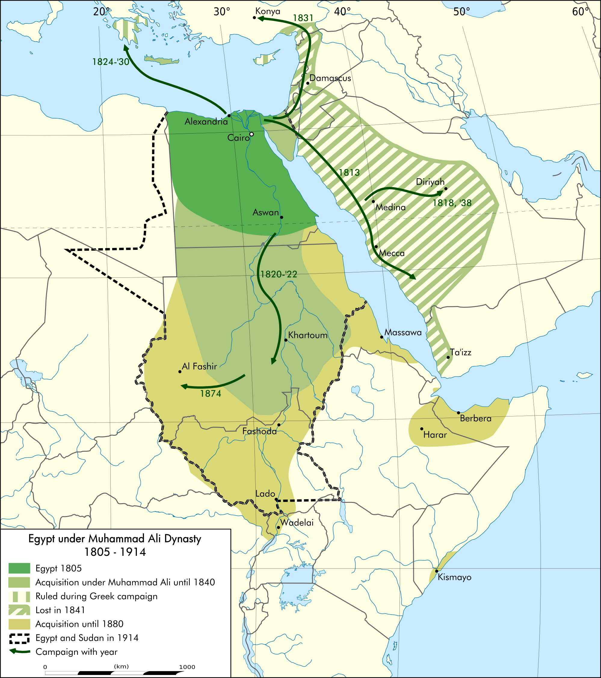 Map of Egypt under the Muhammad Ali dynasty, showing its territorial extent and influence.