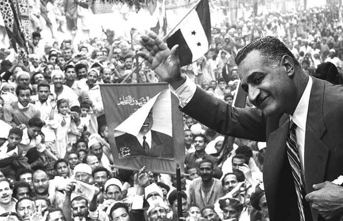 Egyptian President Gamal Abdel Nasser in Mansoura, 1960, a key figure in pan-Arabism and post-colonial Egypt, whose rule also suppressed democratic movements.