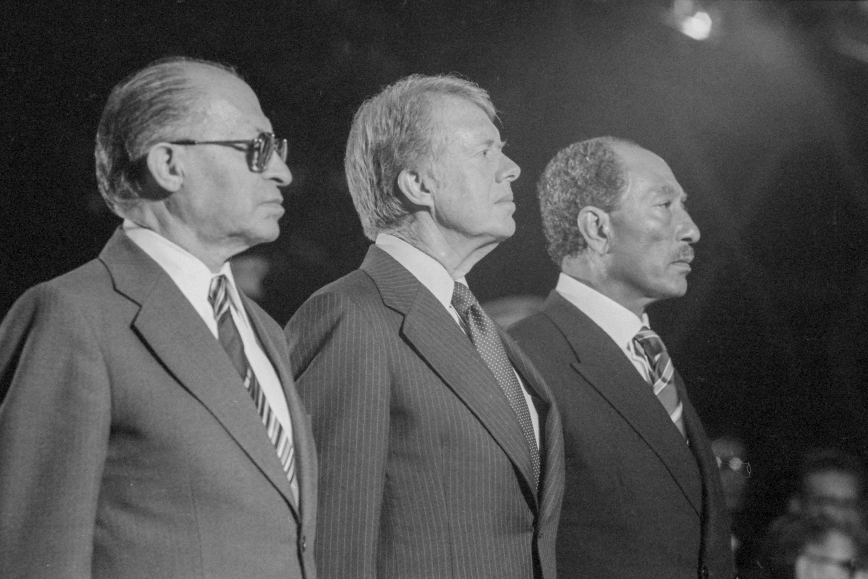 Celebrating the signing of the 1978 Camp David Accords: Israeli Prime Minister Menachem Begin, U.S. President Jimmy Carter, and Egyptian President Anwar Sadat. This accord led to the Egypt-Israel peace treaty.