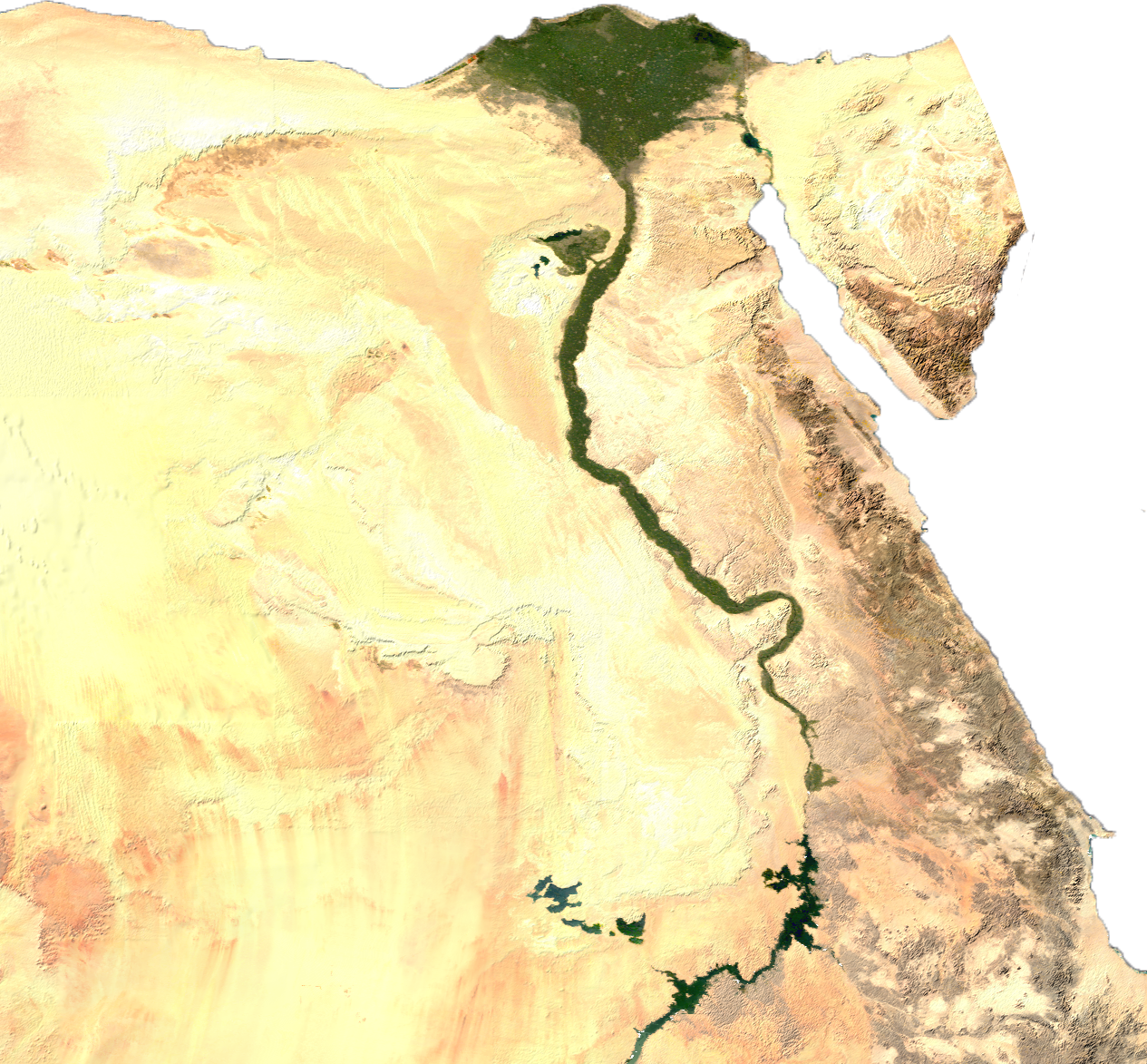 Green irrigated land along the Nile amidst the desert and in the delta, highlighting the critical role of the Nile for Egyptian agriculture.