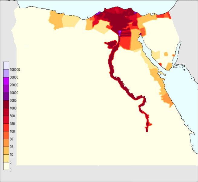 Egypt's population density (people per km2), illustrating the high concentration along the Nile Valley and Delta, a result of the country's arid geography.