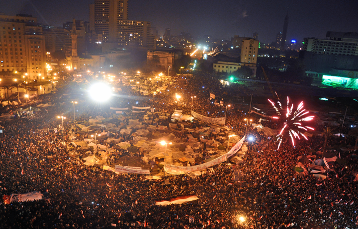 Celebrations in Tahrir Square after the announcement of Hosni Mubarak's resignation on February 11, 2011, a pivotal moment in the Arab Spring and a popular demand for democracy and human rights.