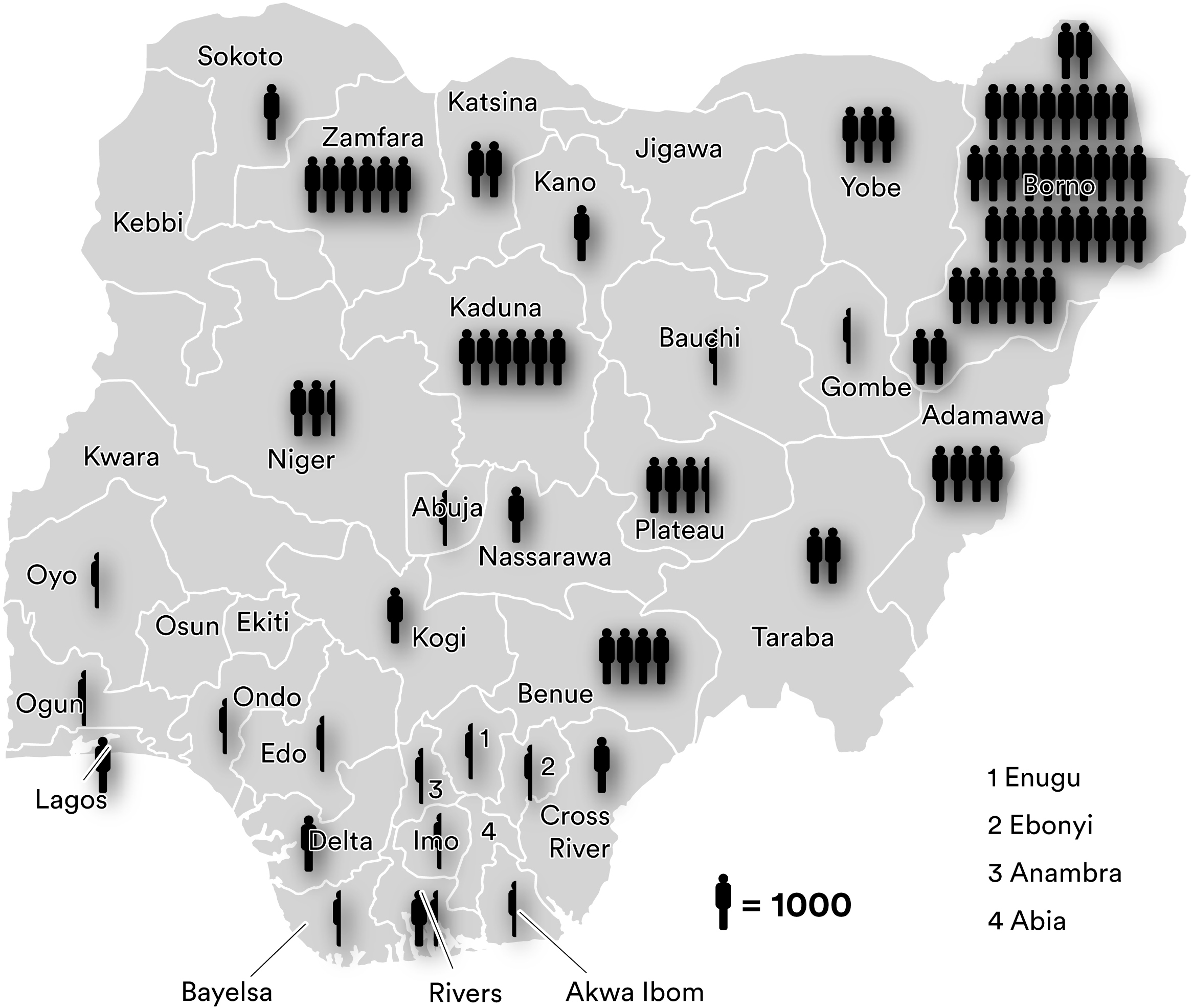 Serangan oleh Boko Haram, 2011 hingga Oktober 2022. Setiap angka mewakili 1.000 kematian.