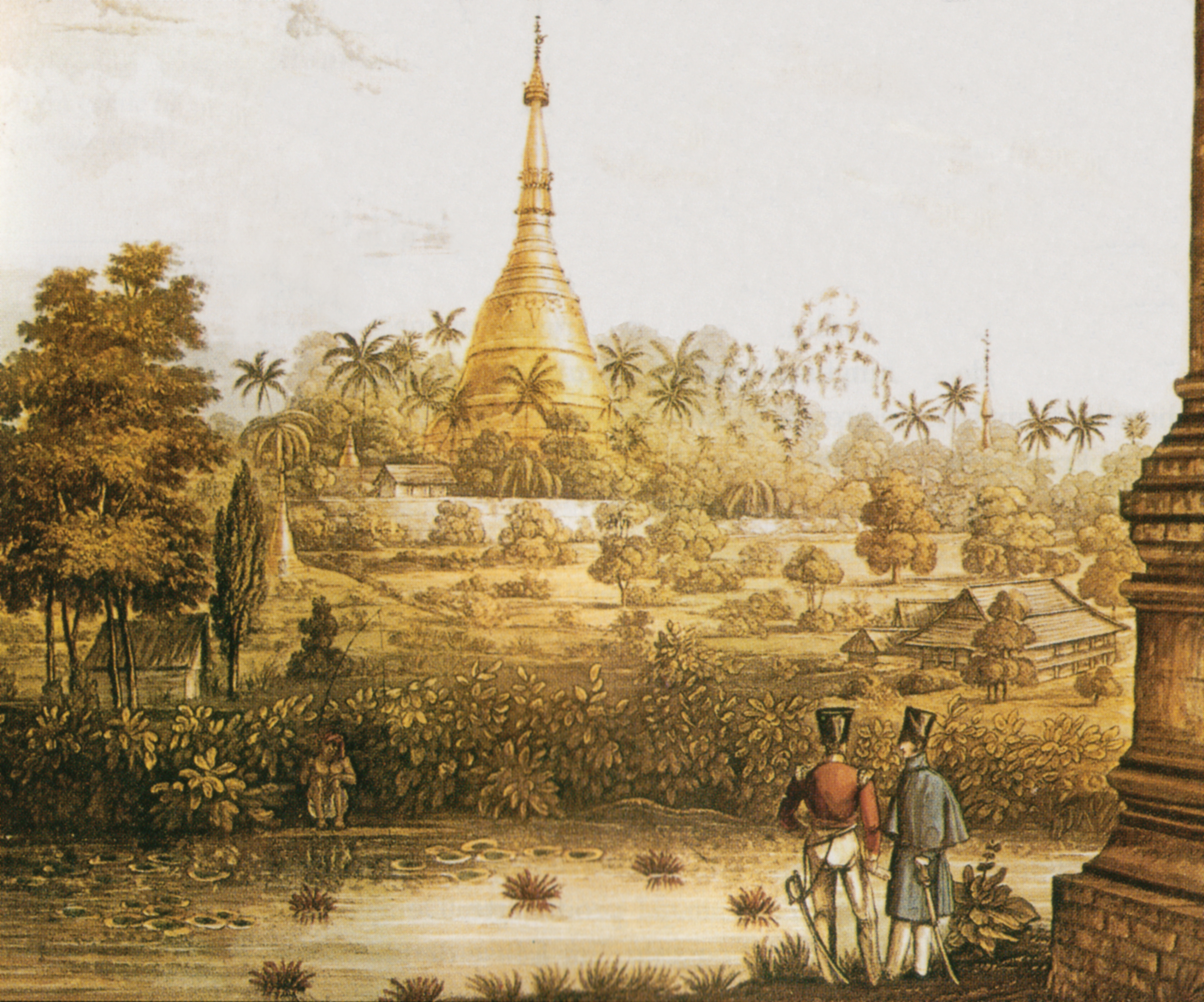Một bản in thạch của Anh năm 1825 về Chùa Shwedagon cho thấy sự chiếm đóng của Anh trong Chiến tranh Anh-Miến lần thứ nhất.