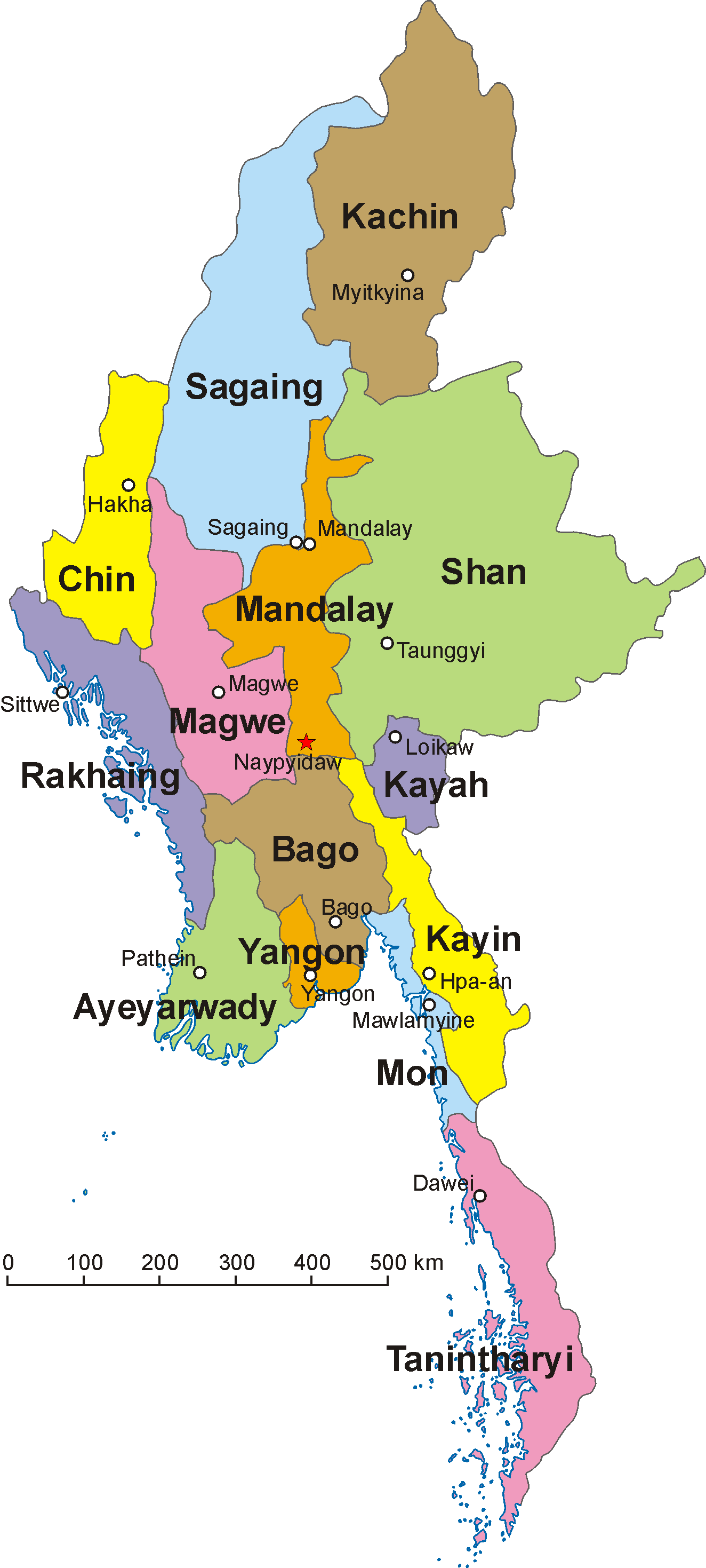 Bản đồ Myanmar và các phân khu của nó, bao gồm Bang Shan, Bang Kachin, Bang Rakhine và Bang Kayin