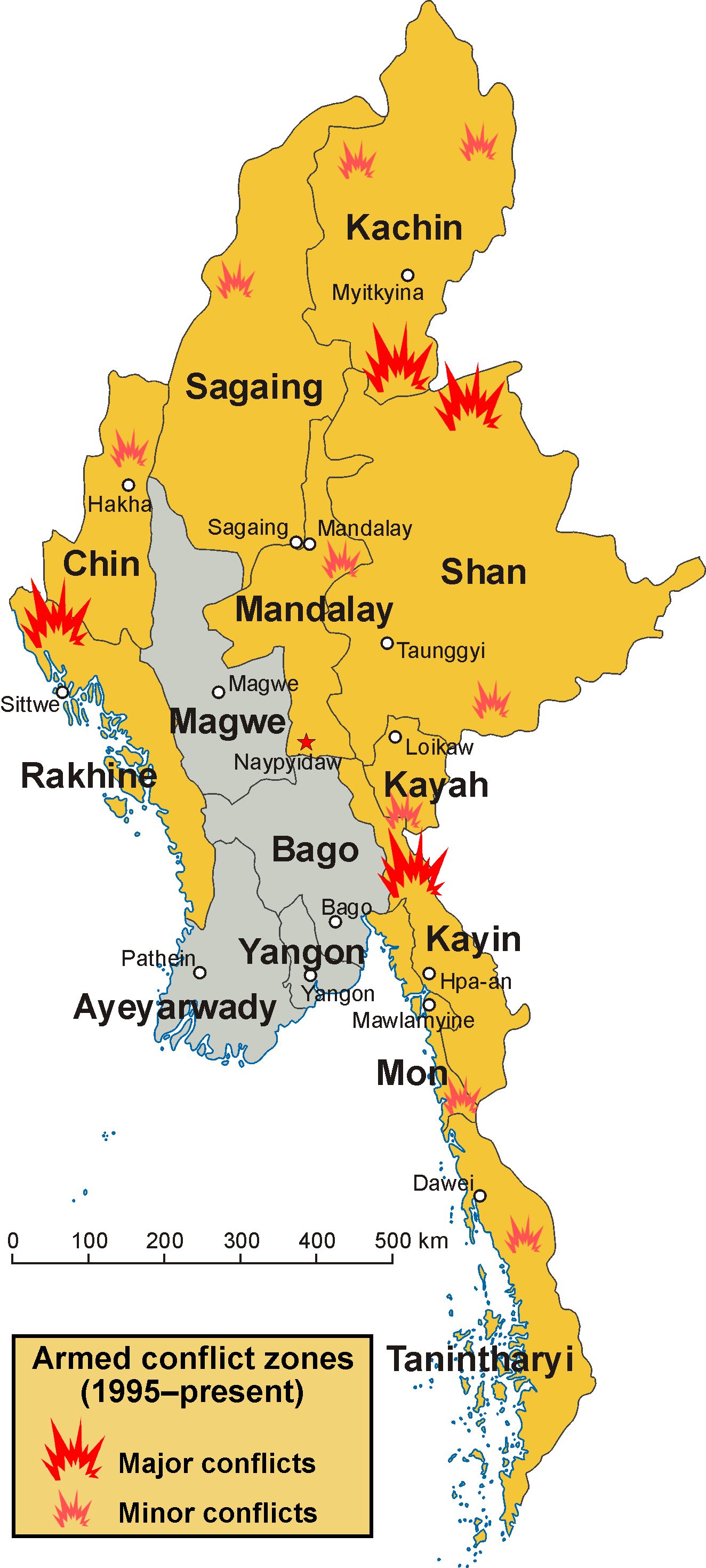 Map of conflict zones in Myanmar. States and regions affected by fighting during and after 1995 are highlighted in yellow.