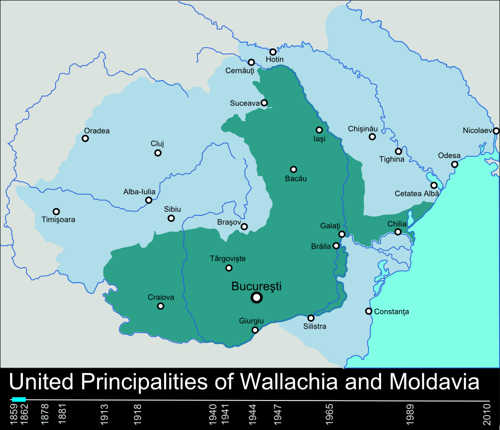 Animated map depicting the territorial changes of Romania from 1859 to 2010, illustrating the dynamic borders throughout its modern history.