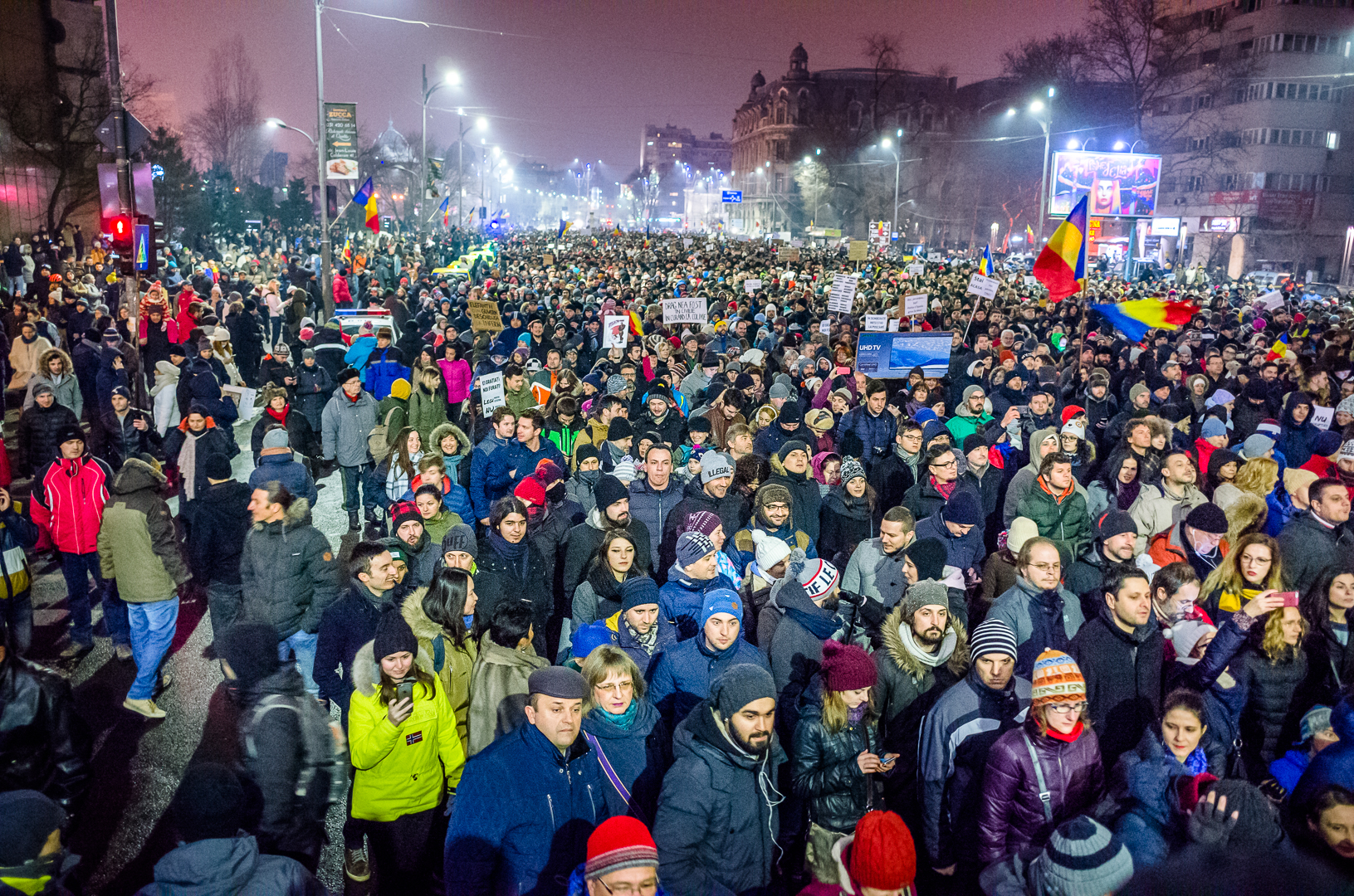 A large anti-corruption protest in University Square, Bucharest, in February 2017, part of the 2017-2019 Romanian protests against controversial judicial reforms.