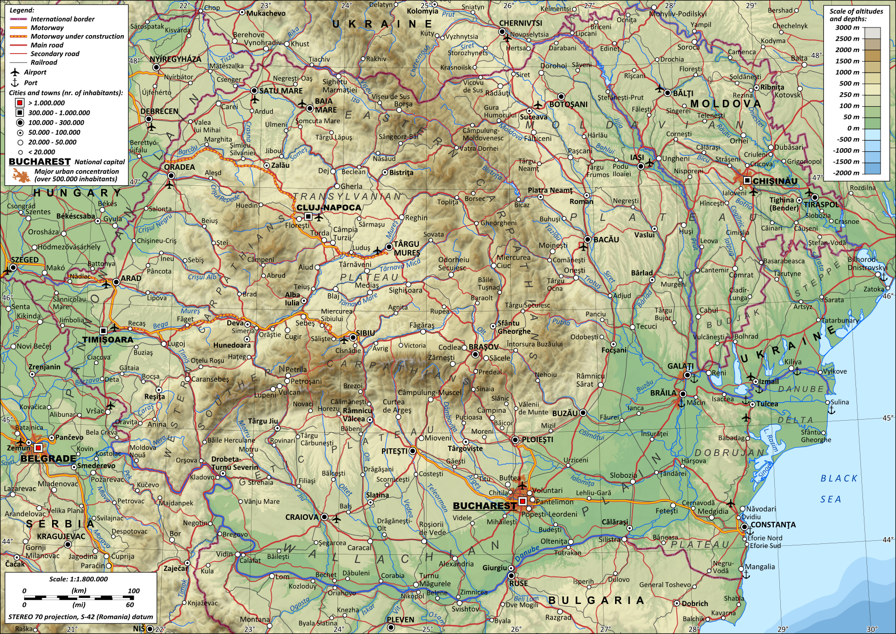 Topographic map of Romania, showing the Carpathian Mountains, plateaus, and plains.