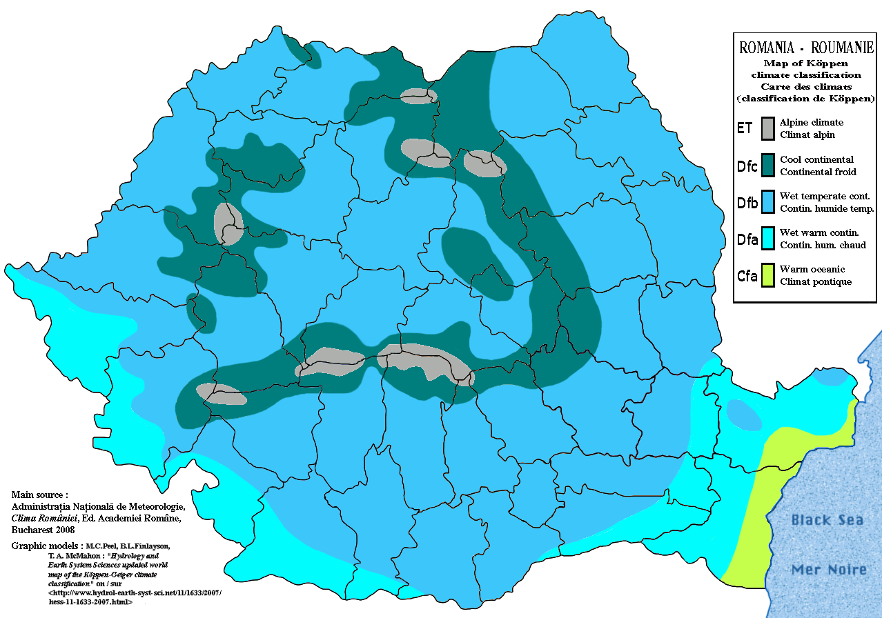 Romania map of Köppen climate classification, illustrating regional climate variations.
