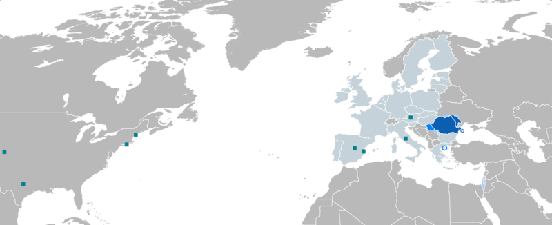 Map highlighting the use of the Romanian language worldwide, including areas with significant Romanian-speaking populations.