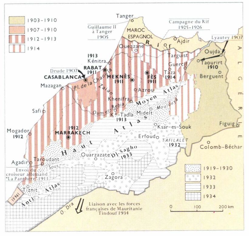 Map depicting the French conquest of Morocco from 1907 to 1934