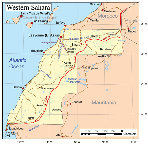 Morocco annexed Western Sahara in 1975. The Polisario Front control the territory east of the Moroccan berm (wall).