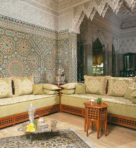 A living room with a traditional Moroccan interior