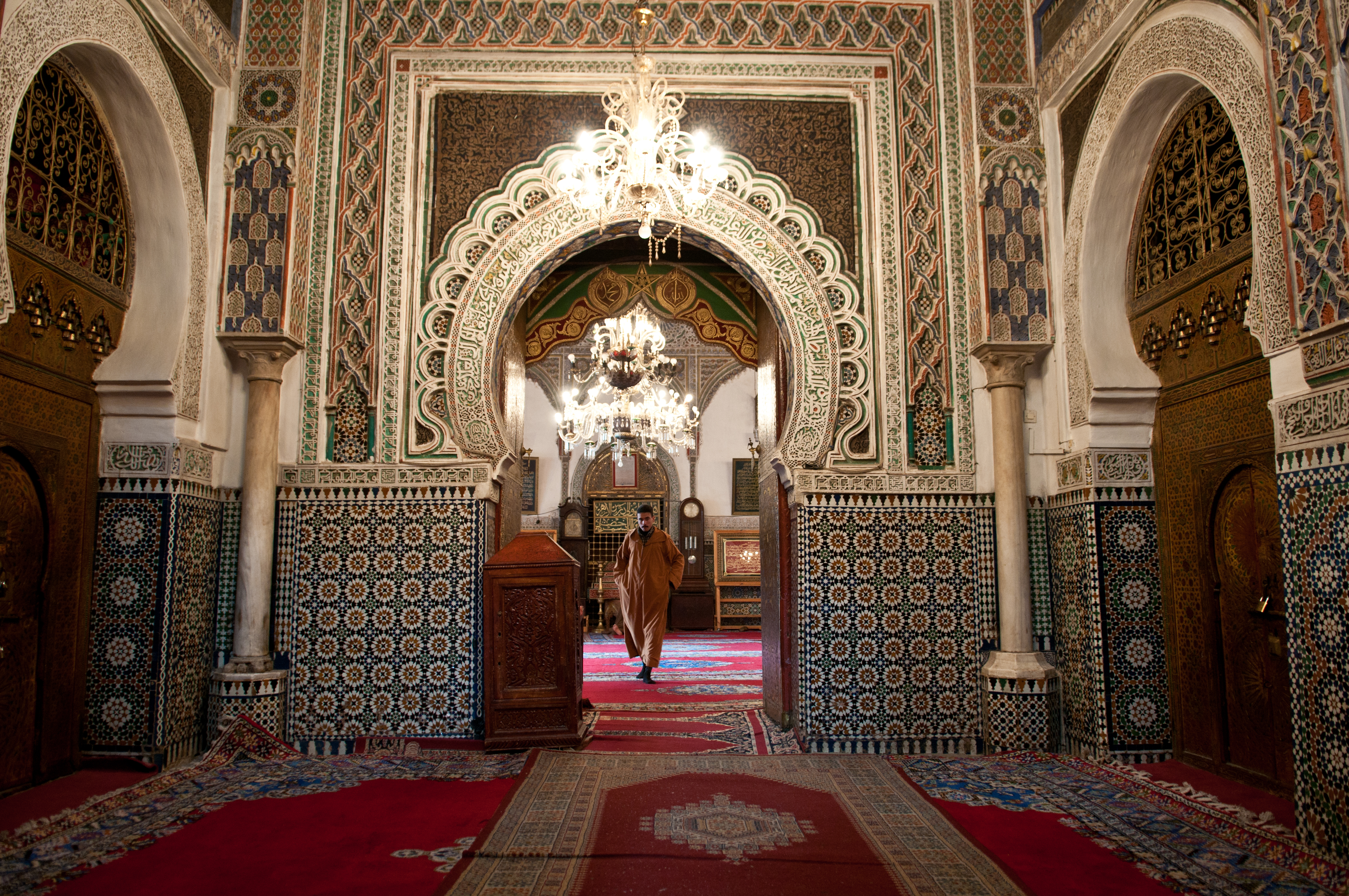 The interior of a mosque in Fez, Islam is the predominant religion in Morocco.
