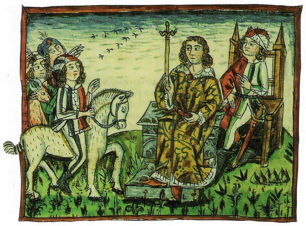 A depiction of an ancient democratic ritual of Slovene-speaking tribes, which took place on the Prince's Stone in Slovene until 1414.