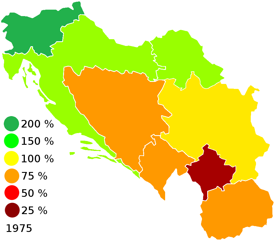 Average strength of Yugoslav economy as a deviation from the main (Yugoslavia = 100%) indicator in 1975. SR Slovenia (dark green) was, along with SR Croatia and SAP Vojvodina (light green), the richest entity of SFR Yugoslavia.