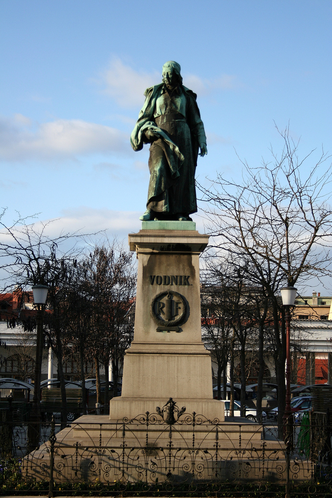 The sculpture of poet Valentin Vodnik by Alojz Gangl (1889), part of the first Slovene national monument in Ljubljana.