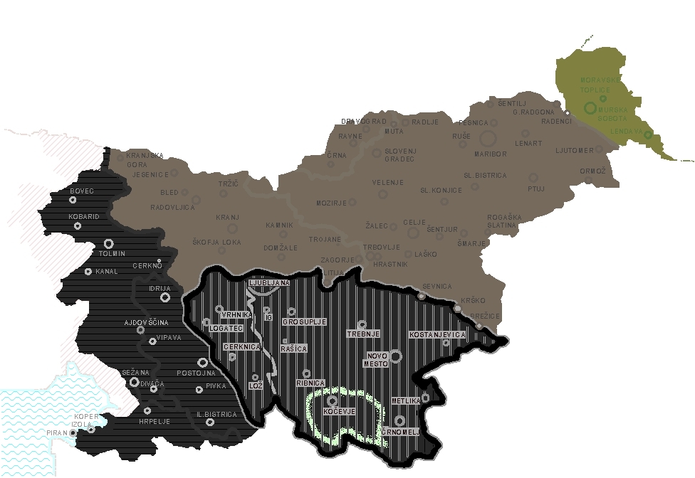 The partition of Slovenia during World War II: German-annexed area (north), Italian-annexed area (south-central, Province of Ljubljana), Hungarian-annexed area (Prekmurje, east), and a small area incorporated into the Independent State of Croatia.