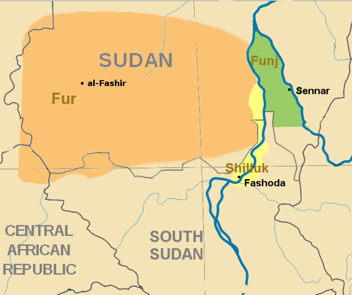 Sudan Selatan pada tahun 1800. Perbatasan modern ditampilkan.