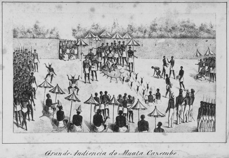 Lukisan pemerintah Lunda, Mwata Kazembe, menerima orang Portugis di halaman diraja pada tahun 1800-an