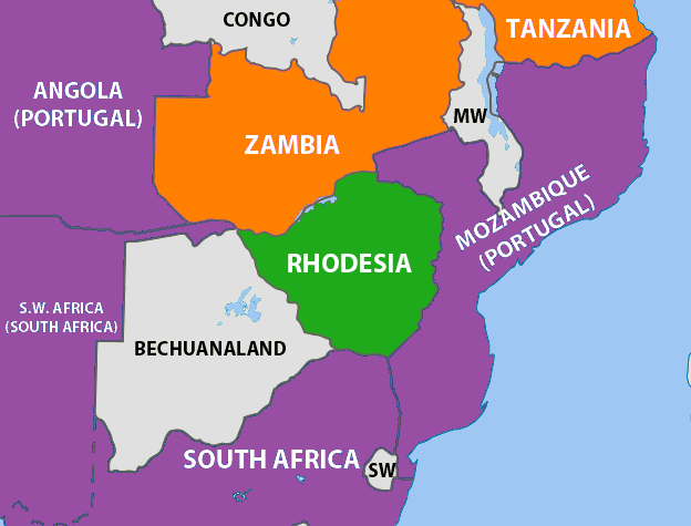 Situasi geopolitik semasa Perang Belukar Rhodesia pada tahun 1965 - negara-negara yang bersahabat dengan nasionalis berwarna jingga