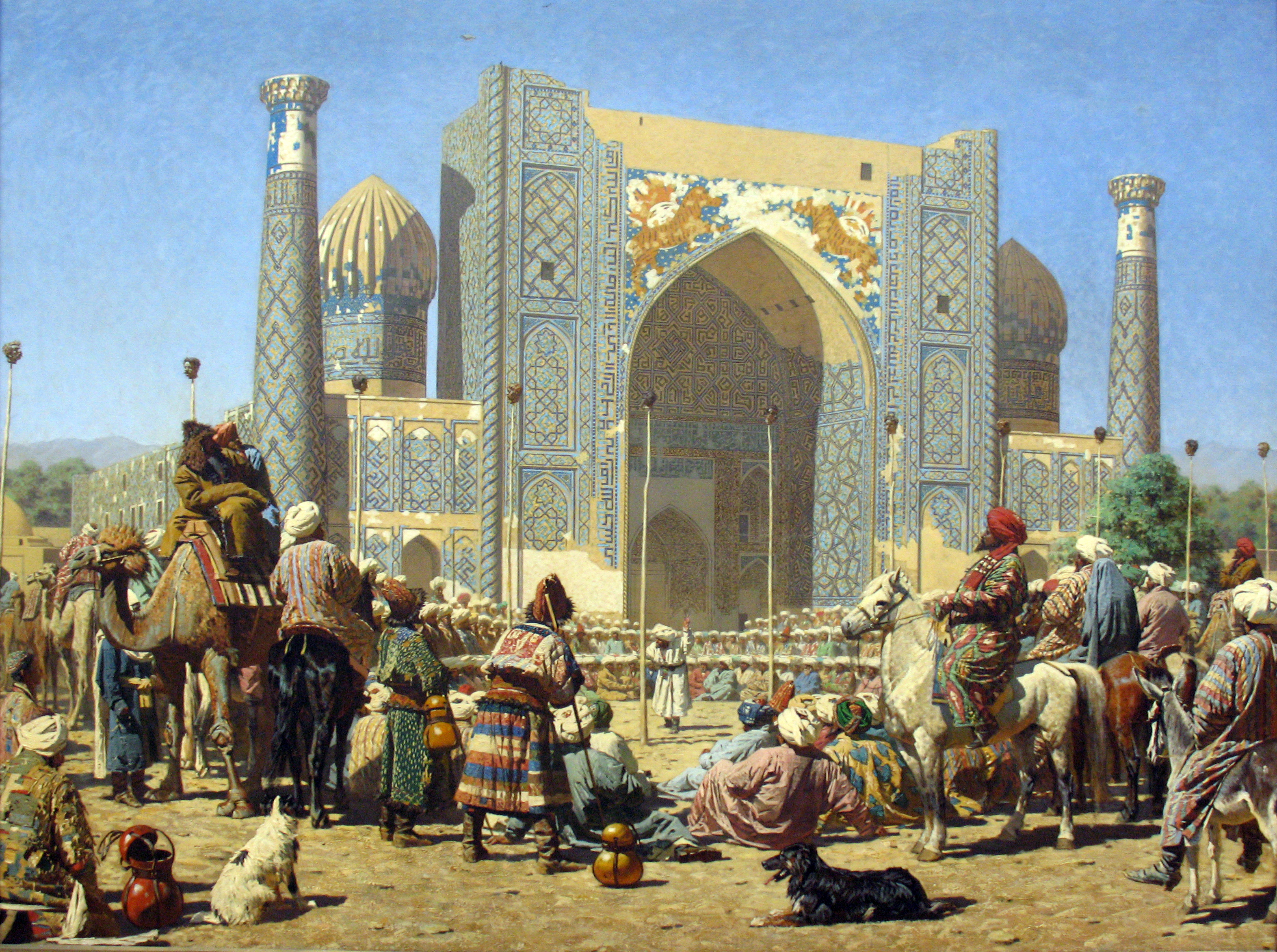 Kerumunan yang berjaya di Registan, Madrasah Sher-Dor. Amir Bukhara melihat kepala prajurit Rusia yang dipenggal di tiang. Lukisan oleh Vasily Vereshchagin (1872).