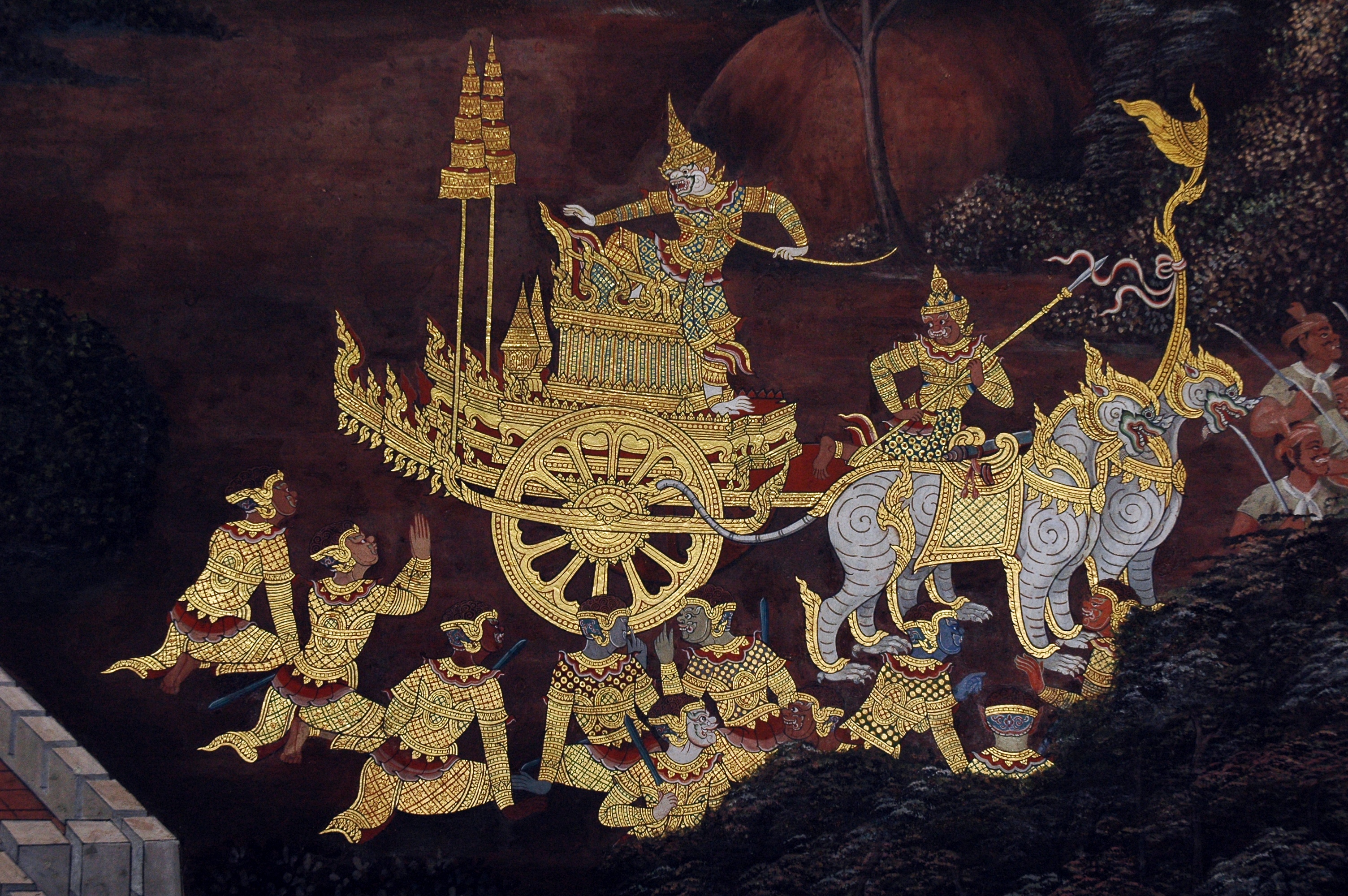 Cảnh trong Ramakien được miêu tả trên một bức tranh tường tại Wat Phra Kaew