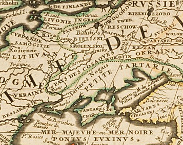 V・コロネリによる東欧地図(1690年)。キーウを中心とした地域は「VKRAINE ou PAYS DES COSAQUESラテン語(ウクライナあるいはコサックの国)」と記されている。隣の「OKRAINAラテン語(辺境)」はロシア南部の国境地帯を指す。