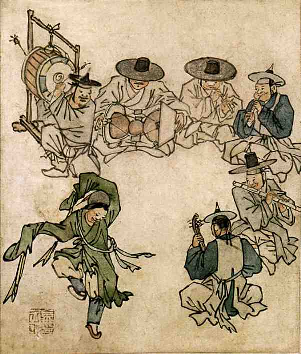 김홍도의 ‘무동’. 무동 주위에 부려진 악기 편성이 삼현육각이다. 북 대신 좌고가 쓰였다.