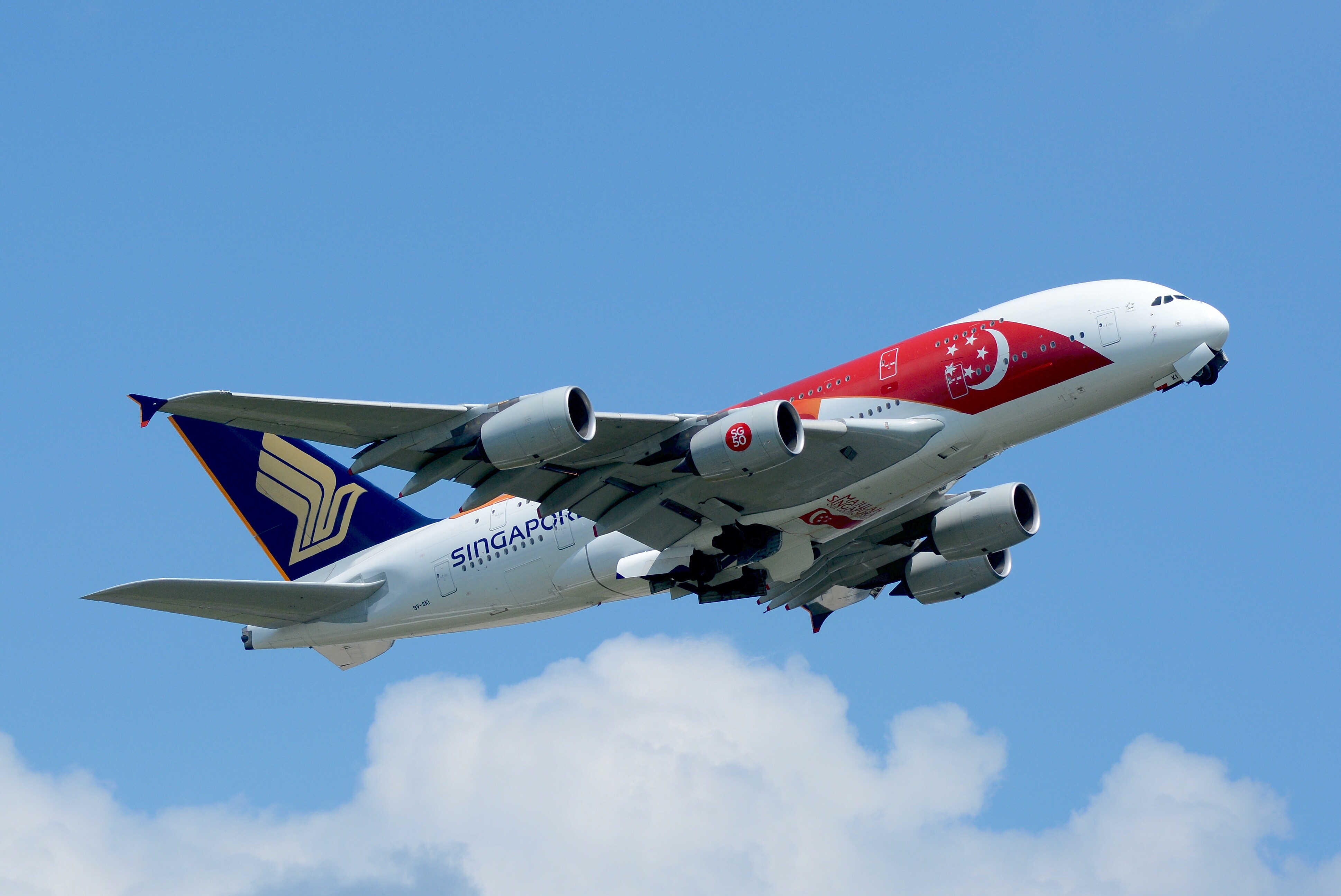 Singapore Airlines, hãng hàng không quốc gia của đất nước, đã kỷ niệm Năm Thánh Vàng 2015 của quốc gia với màu sơn cờ trên chiếc Airbus A380 của mình.