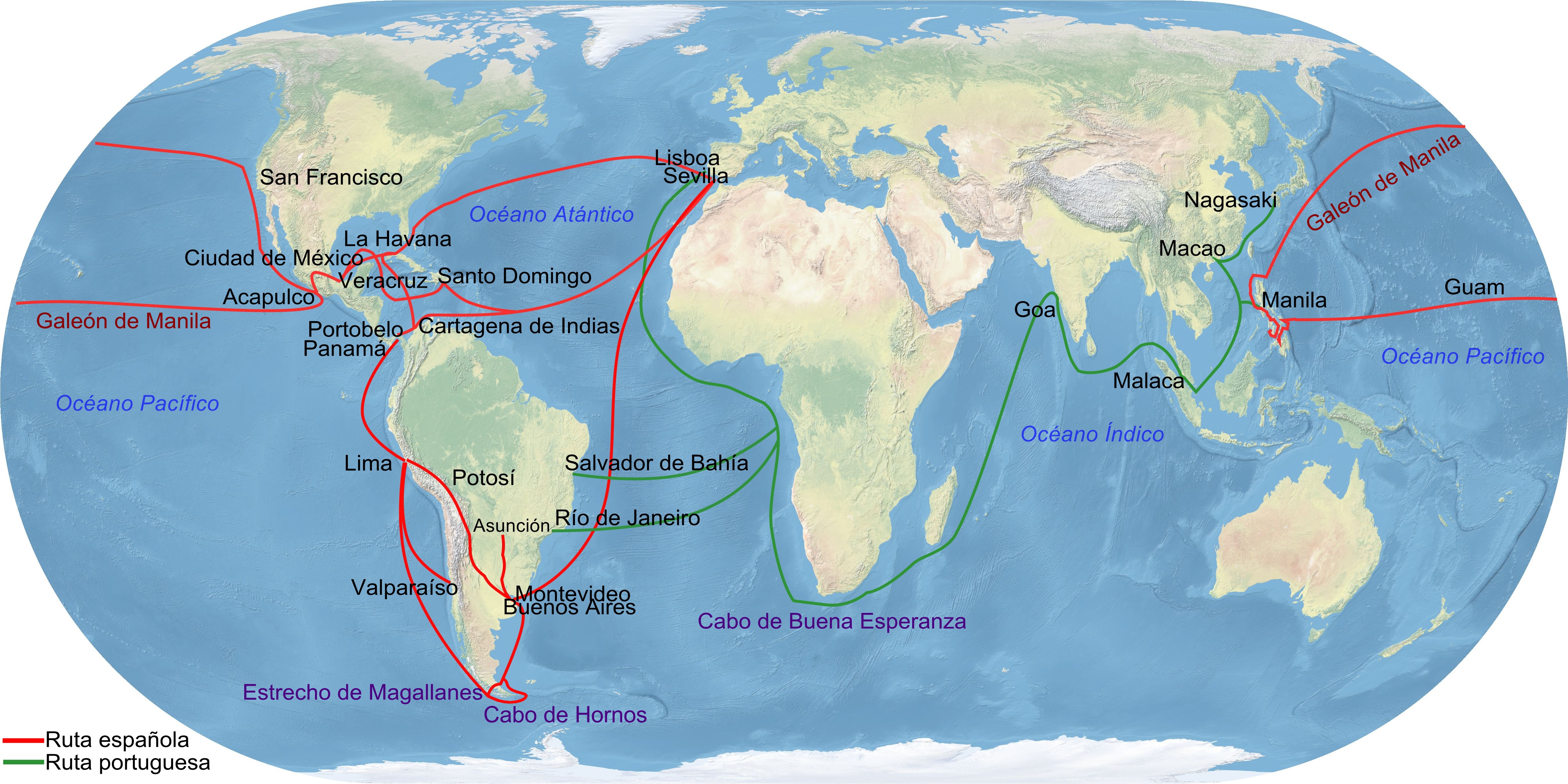 Main trade routes of the Spanish Empire, connecting Europe, the Americas, and Asia.