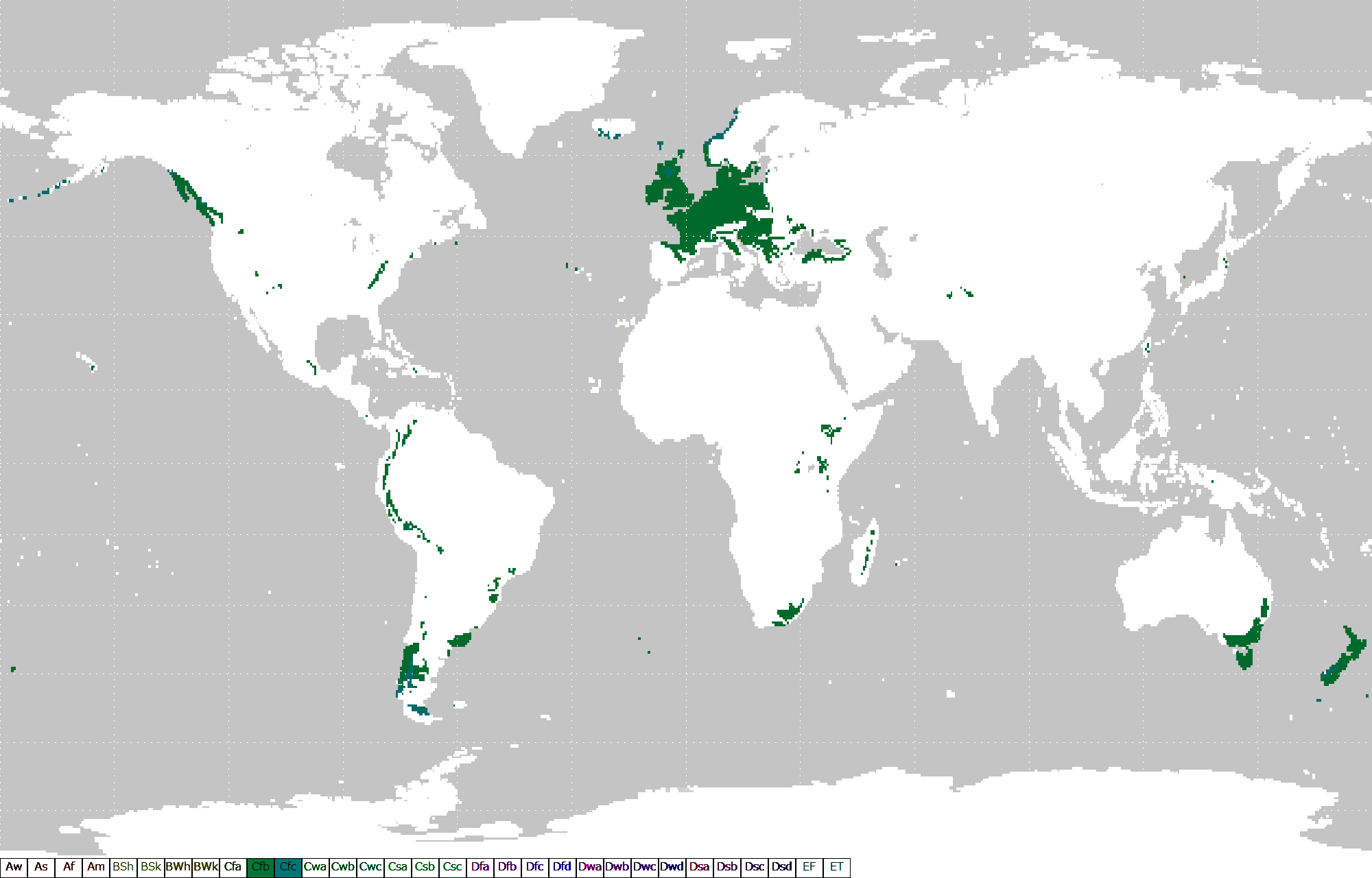 Map showing oceanic climate (Cfb) areas in green.
