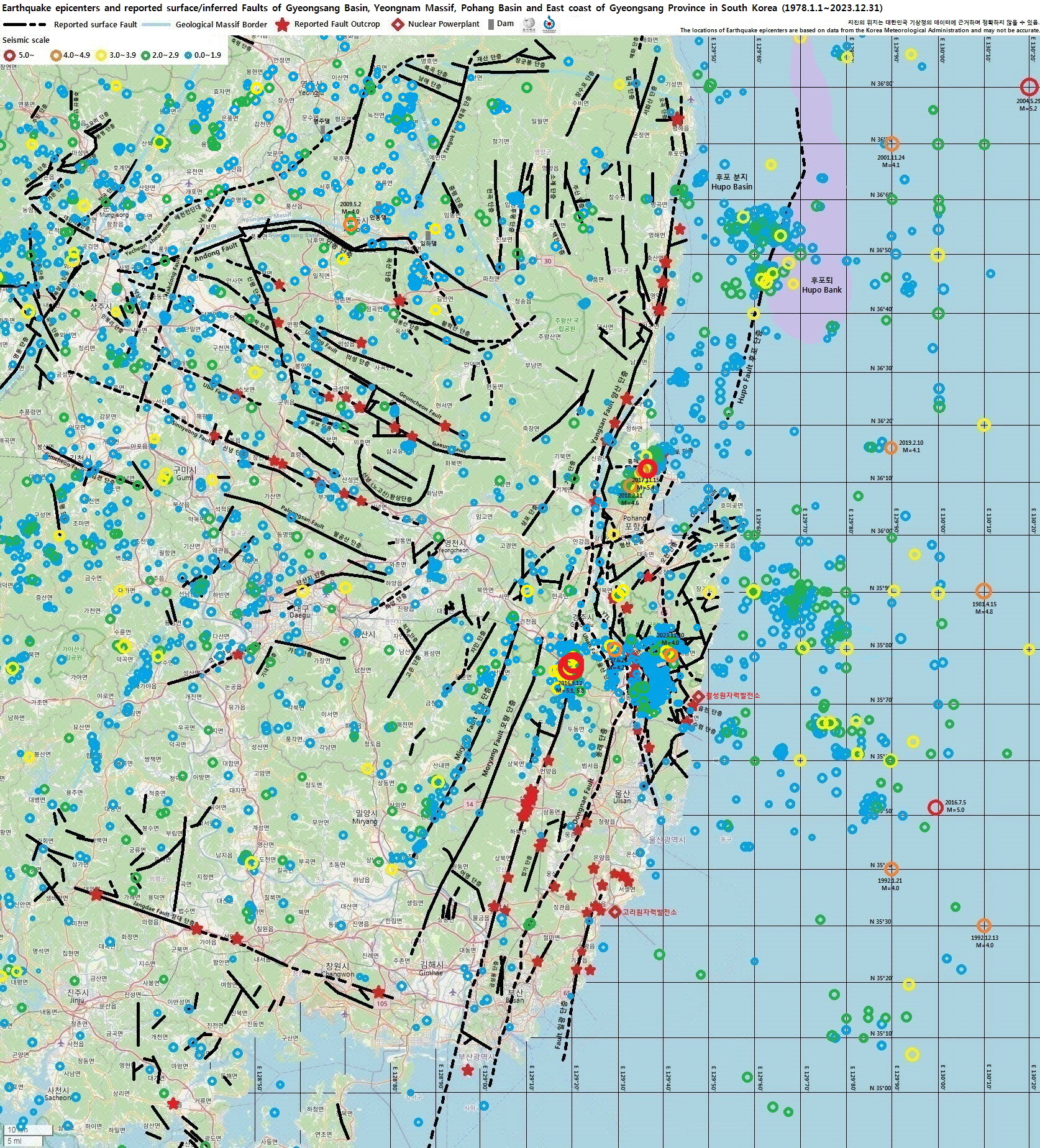 경상 분지의 지진(1978-2023)과 과 안동 단층
