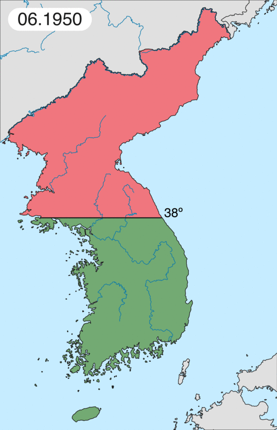 Territory often changed hands early in the war, until the front stabilized. North Korean, Chinese, and Soviet forces are shown in red; South Korean, U.S., Commonwealth, and United Nations forces are in green.
