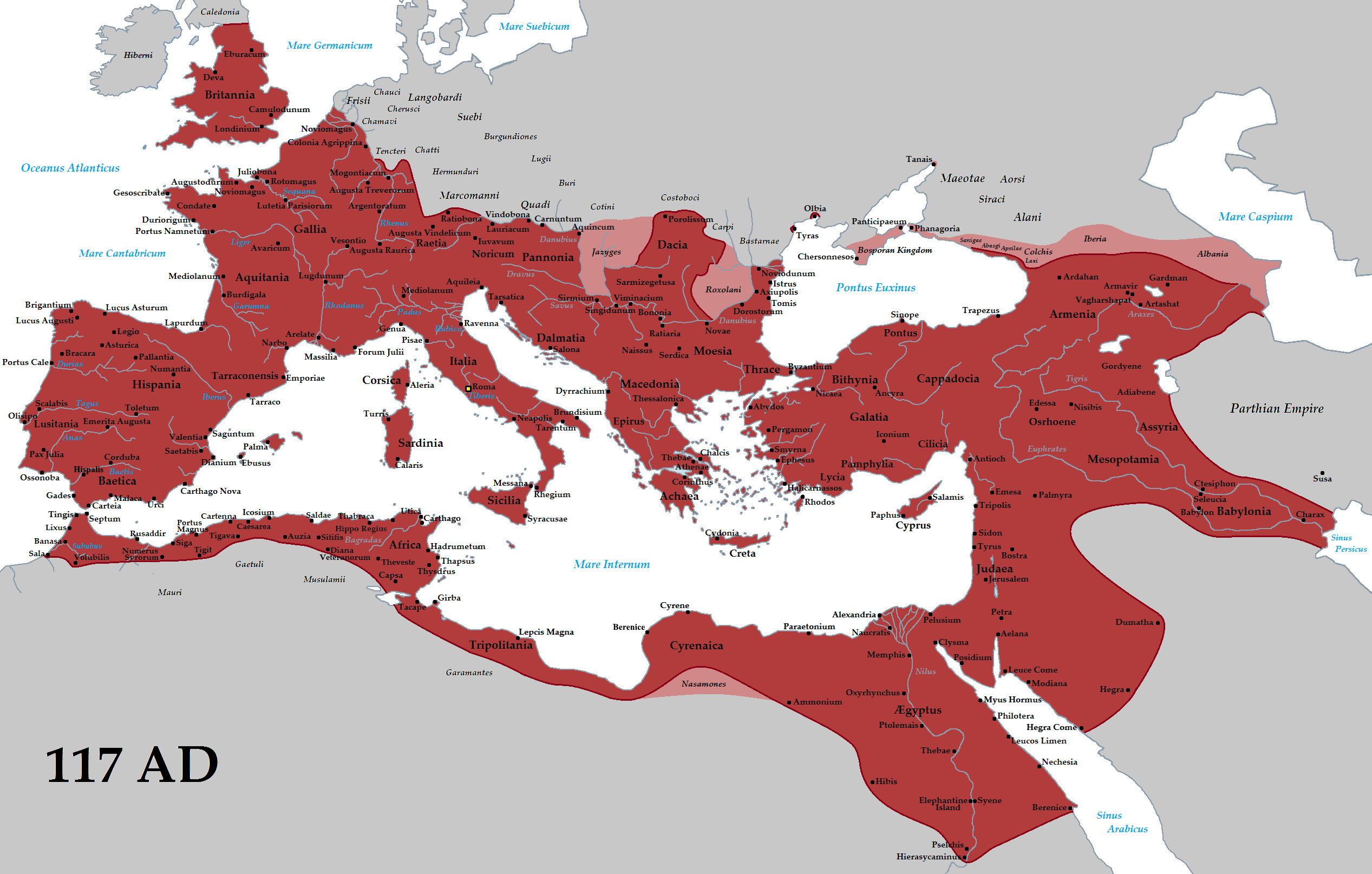 The Roman Empire in AD 117 at its greatest extent under Emperor Trajan (Roman Empire in dark red, vassal states in light red).