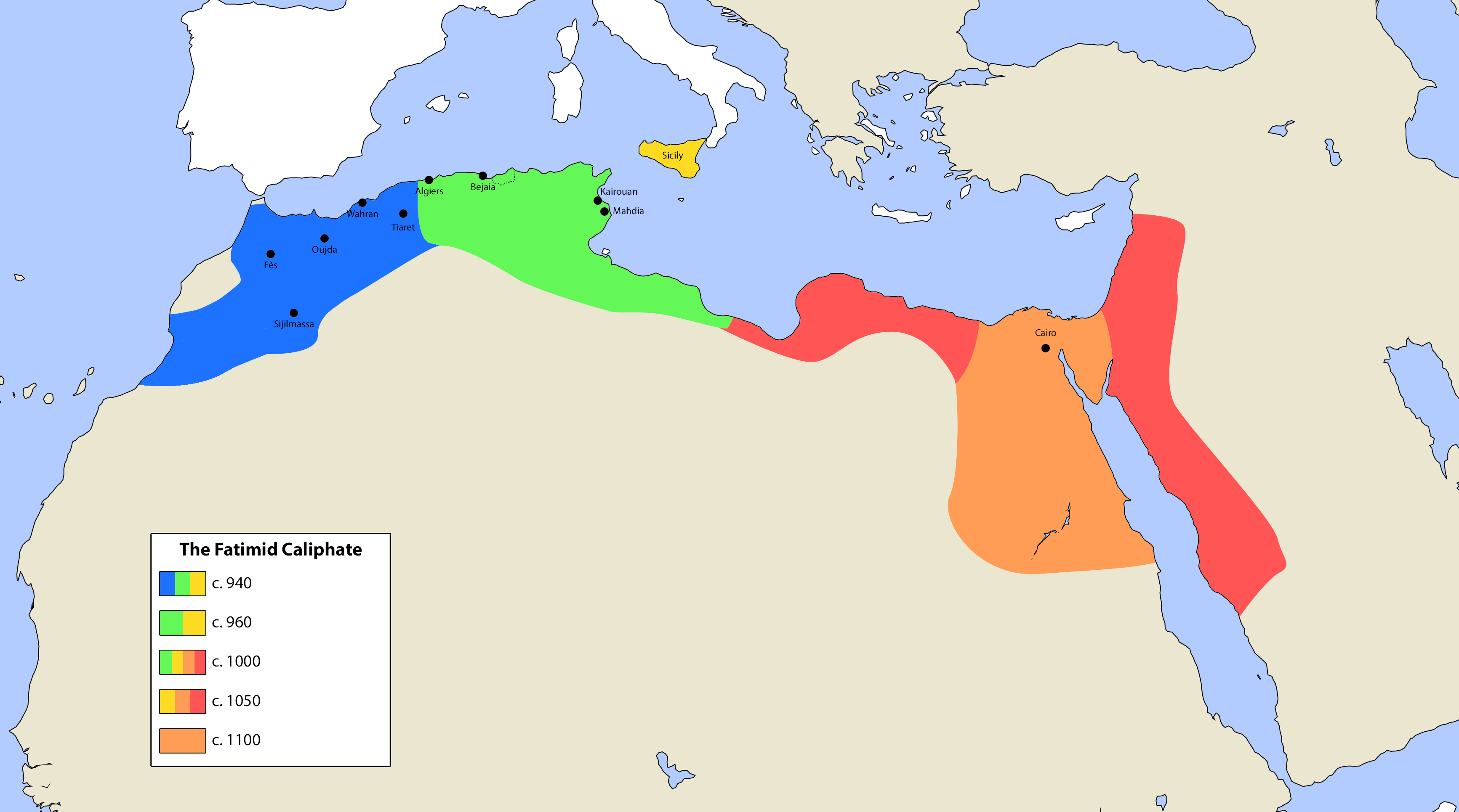Kekhalifahan Fatimiyah, sebuah dinasti Syiah Ismailiyah yang memerintah sebagian besar Afrika Utara, sekitar tahun 960-1100