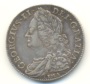 Setengah mahkota George II, tahun 1746. Tulisan GEORGIUS II DEI GRATIA (George II atas Rahmat Tuhan). Kata LIMA di bawah kepala Raja menunjukkan bahwa koin itu dicetak dari perak yang disita dari armada harta karun Spanyol di lepas pantai Lima, Peru, selama Perang Suksesi Austria.