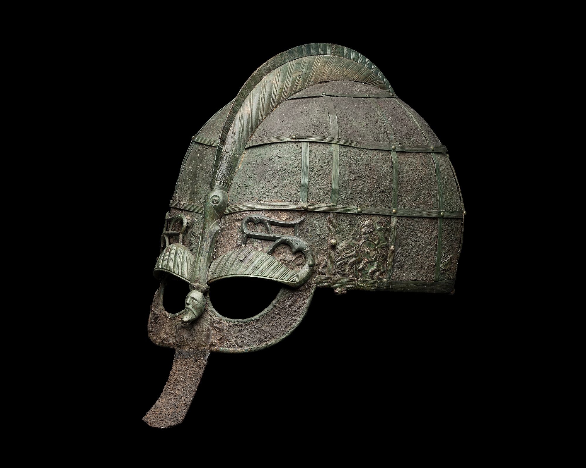 A Vendel-era helmet from Sweden, displayed at the Swedish Museum of National Antiquities.